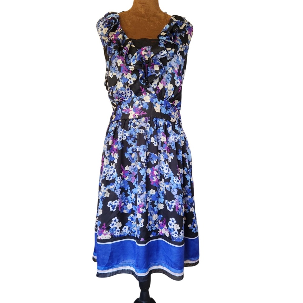 White House Black Market Floral Dress Size 12 Blue Purple Wedding Guest Ruffle